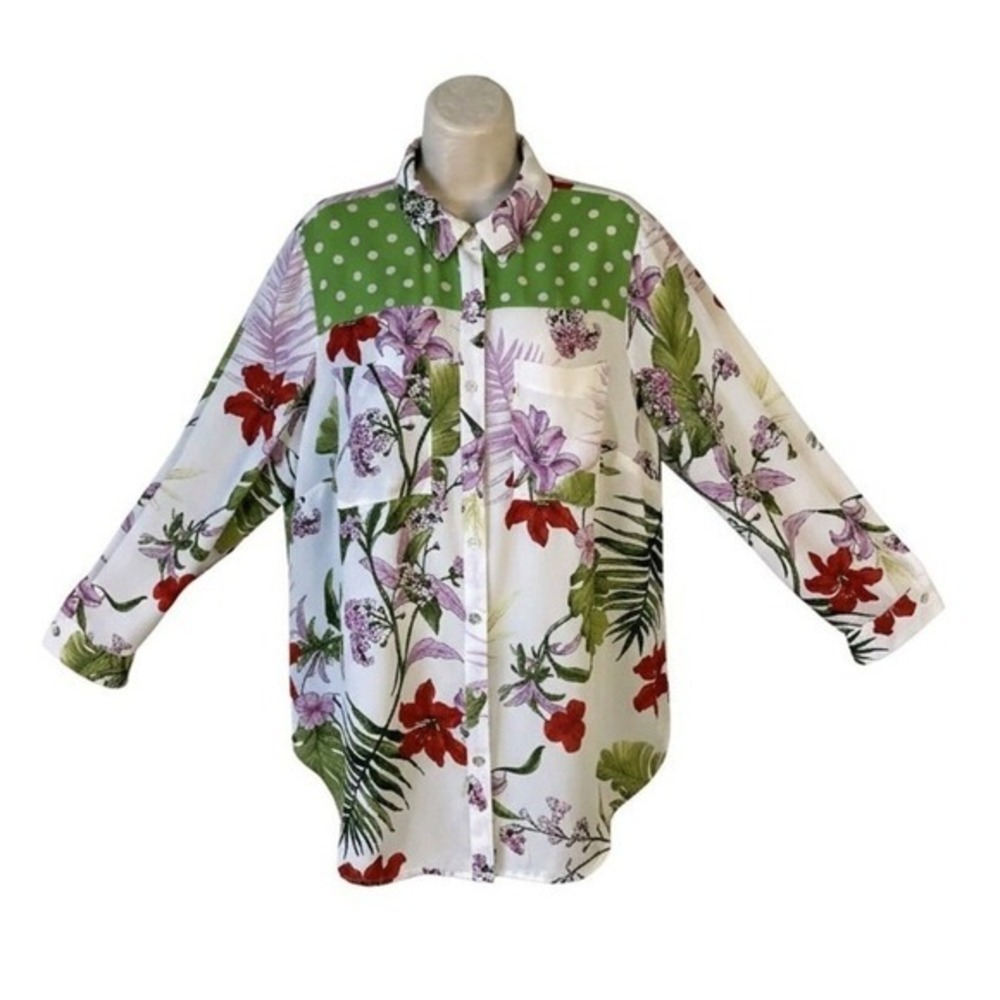 Fig & Flower Tropical Floral Print Polka Dot Button Up Shirt Tunic Blouse 2X